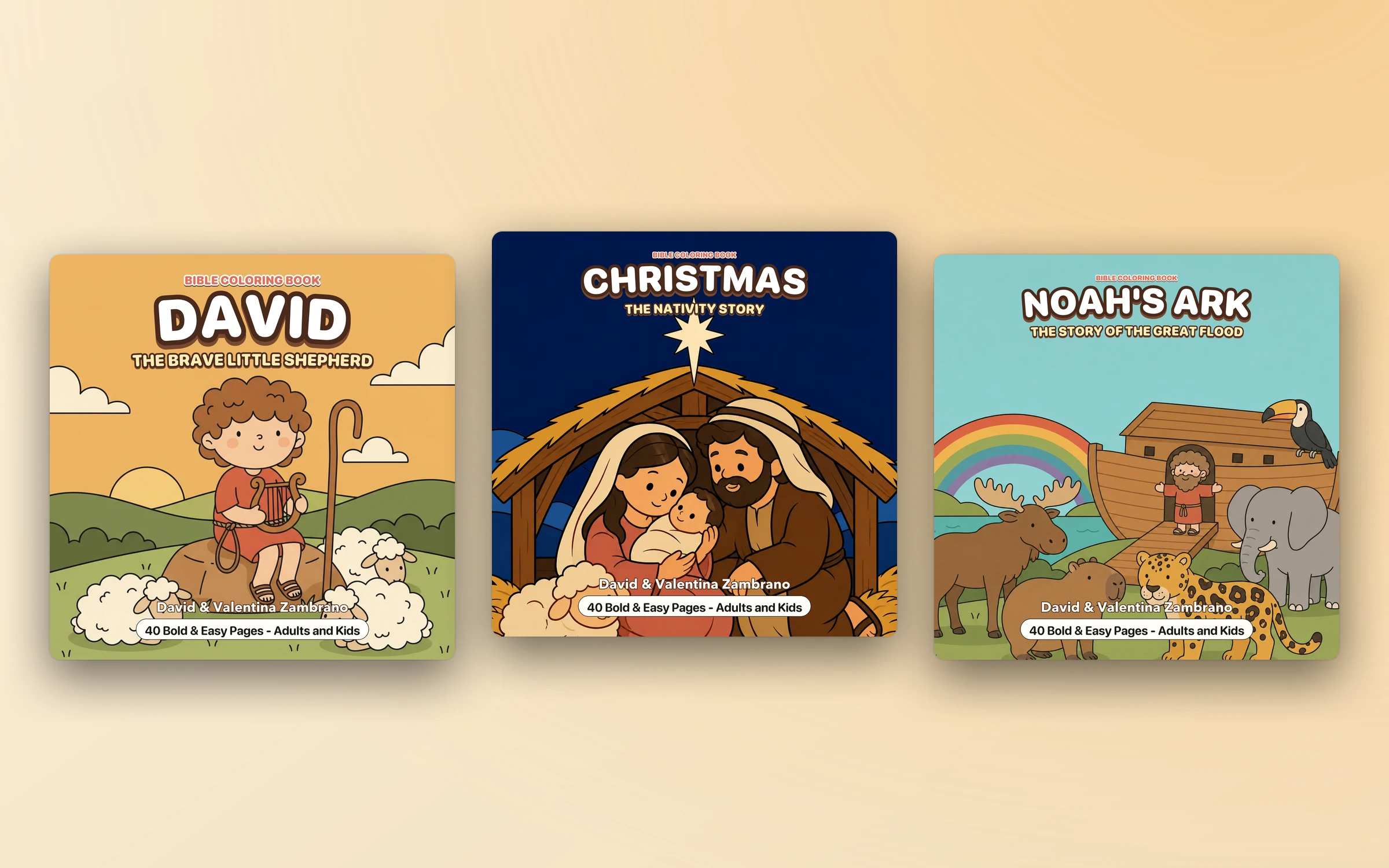 The covers of David, Christmas and Noah's Ark from the coloring book collection