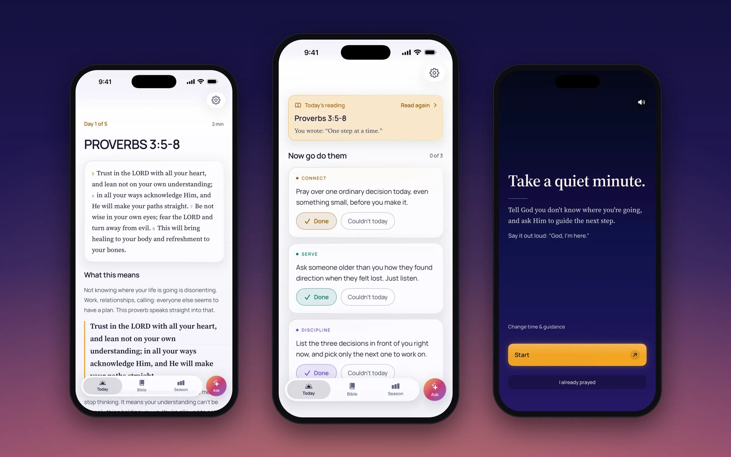 Three iPhone screens of Faithlify on a night-to-dawn gradient: a Bible passage, the three actions for today and a prayer screen