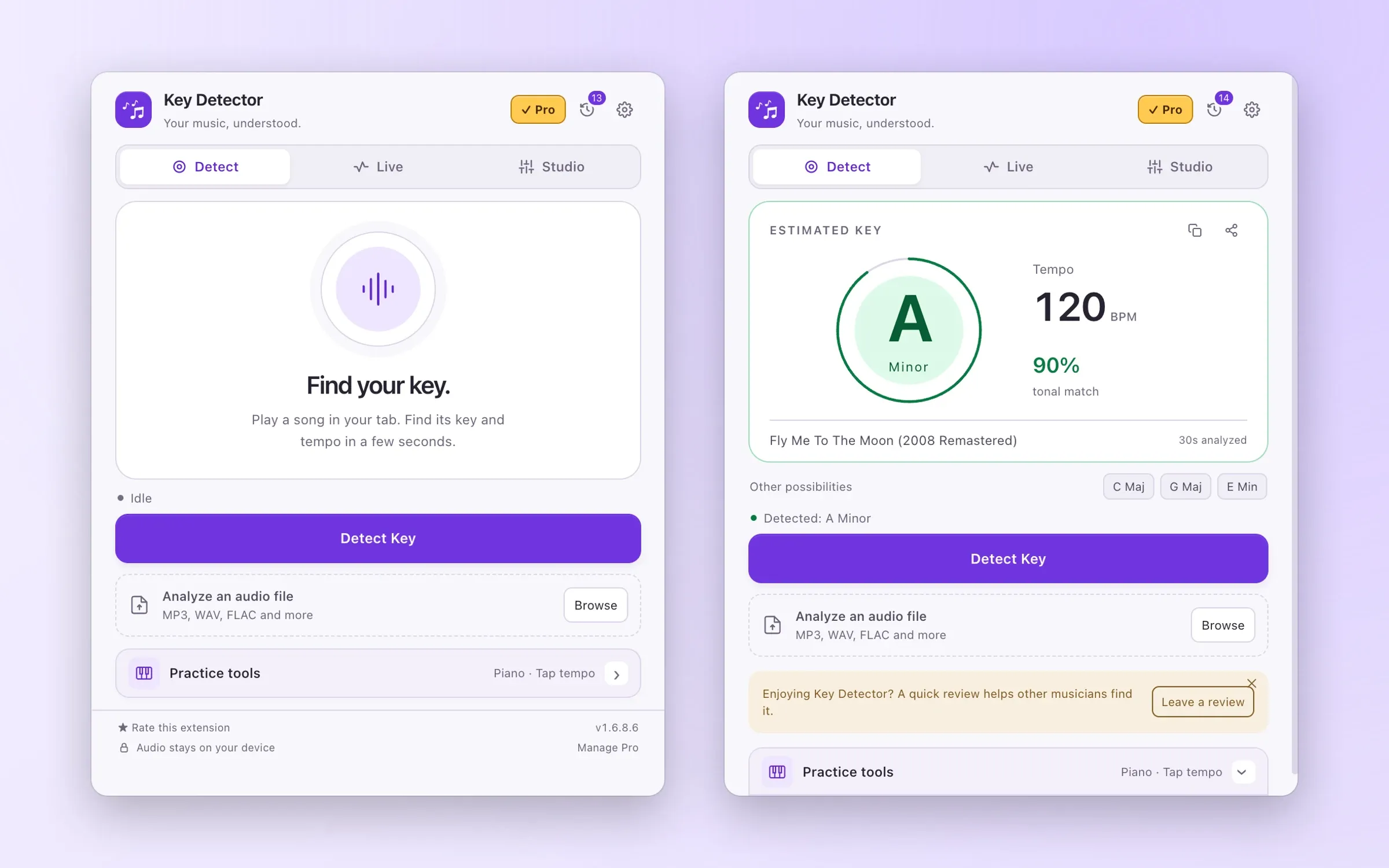 The KeyDetector extension panel before and after a detection, on a lilac background