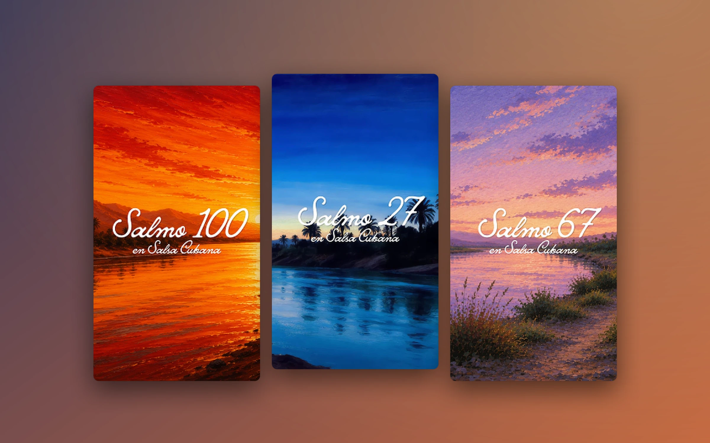 Covers of Salmo 100, Salmo 27 and Salmo 67 over painted skies