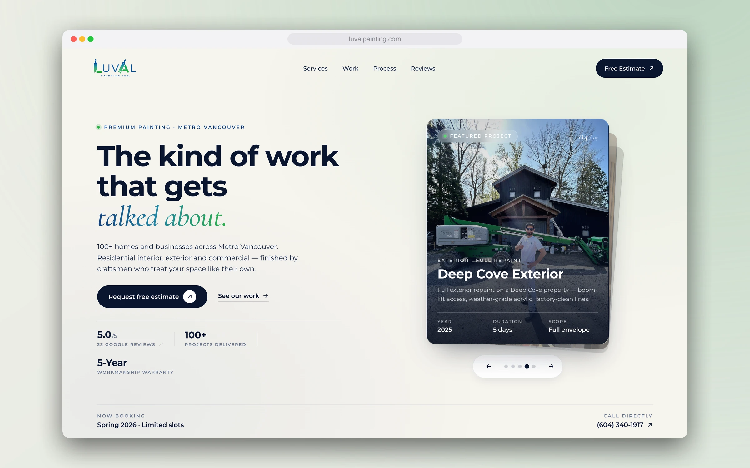 The LUVAL Painting home page with the headline "The kind of work that gets talked about" beside a featured commercial project card