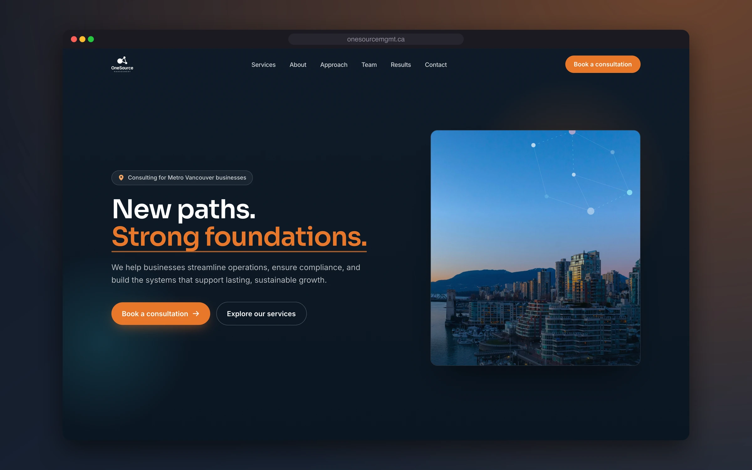 The OneSource Management home page with the headline "New paths. Strong foundations." beside a photograph of the Vancouver skyline at dusk
