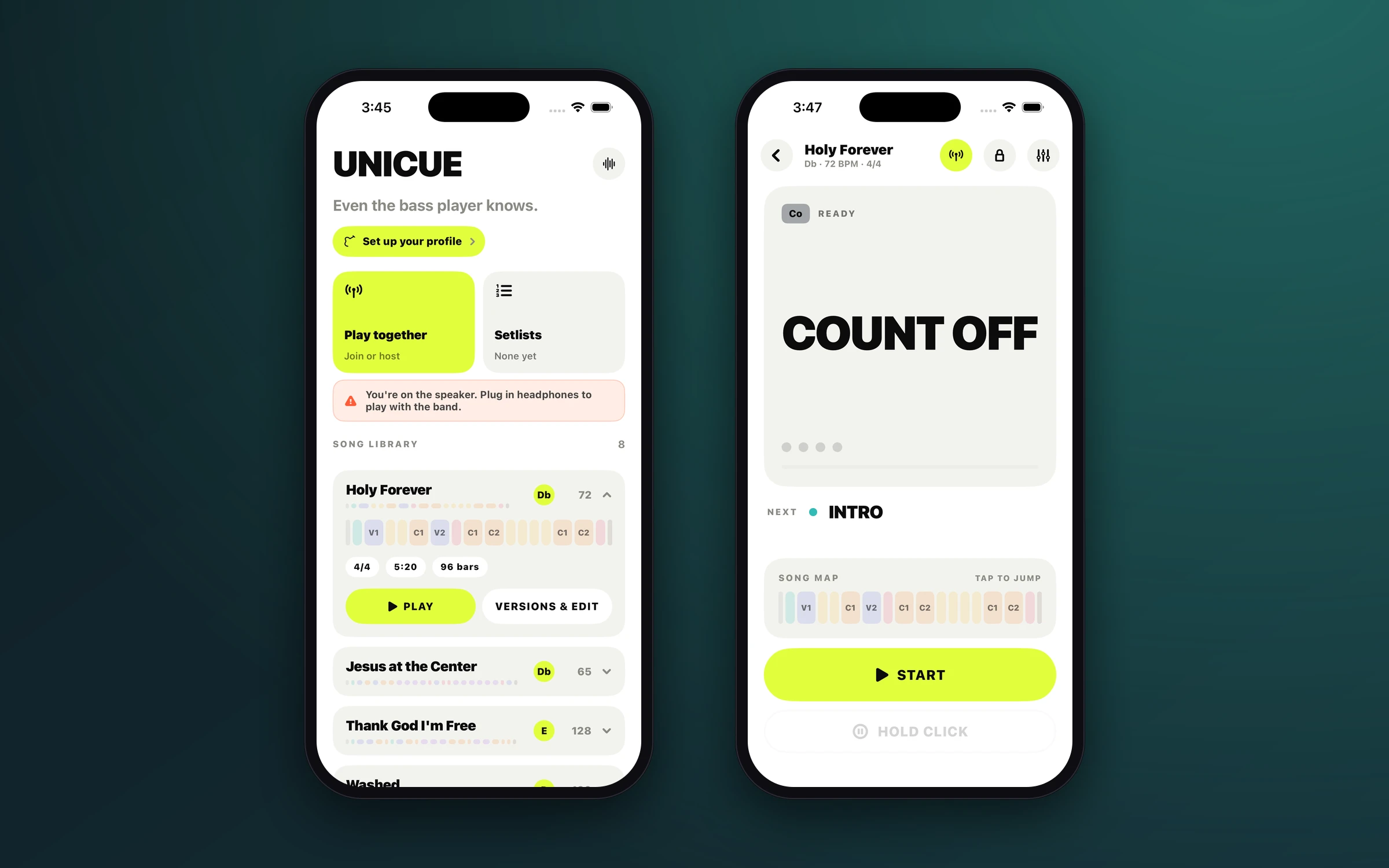 Unicue on two iPhones: the song library and the live count-off screen