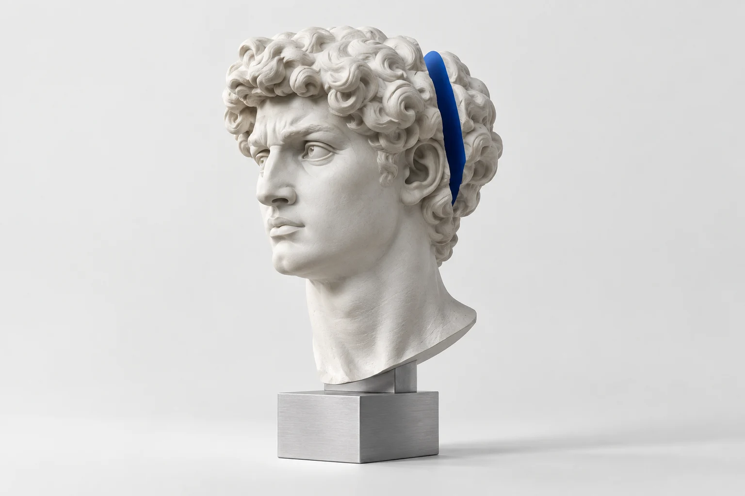 AI-generated interpretation of Michelangelo's David head in ivory with a cobalt slice
