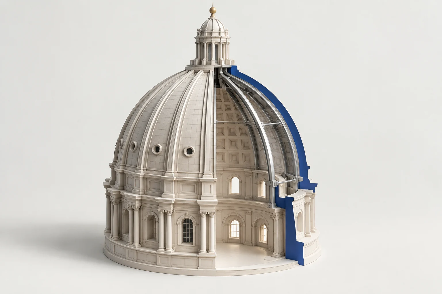 AI-generated conceptual cutaway model inspired by St. Peter's dome, with cobalt planes and aluminum ribs