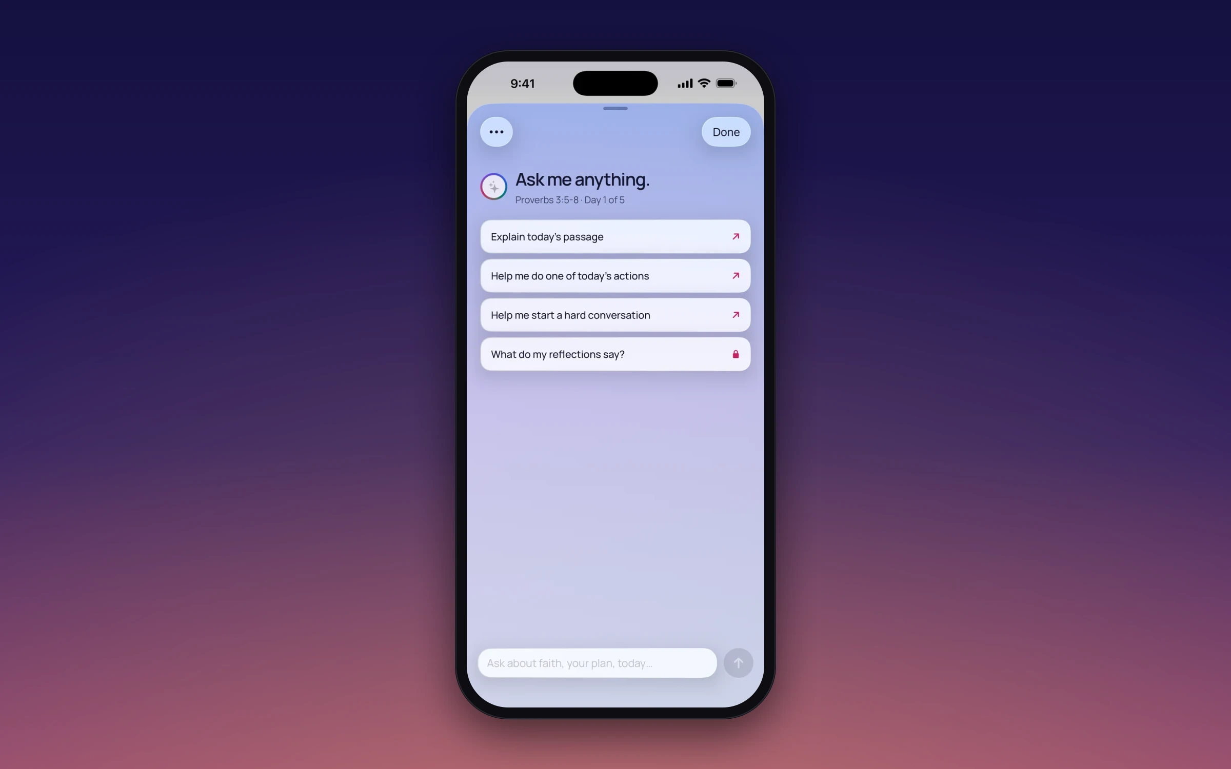 La pantalla de Ask con preguntas sugeridas sobre el pasaje y las acciones del día