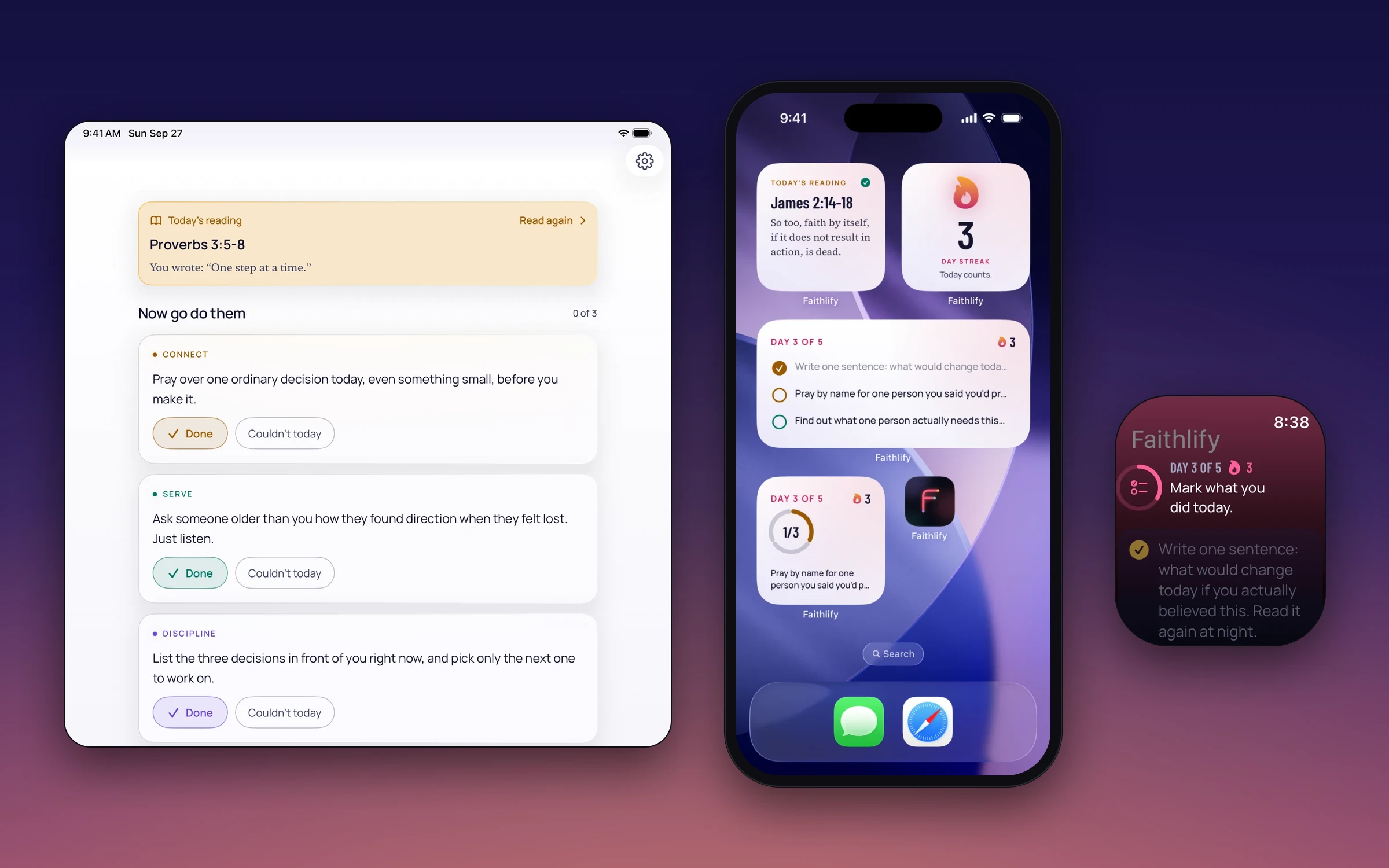 Faithlify en iPad, en una pantalla de inicio de iPhone llena de widgets y en Apple Watch