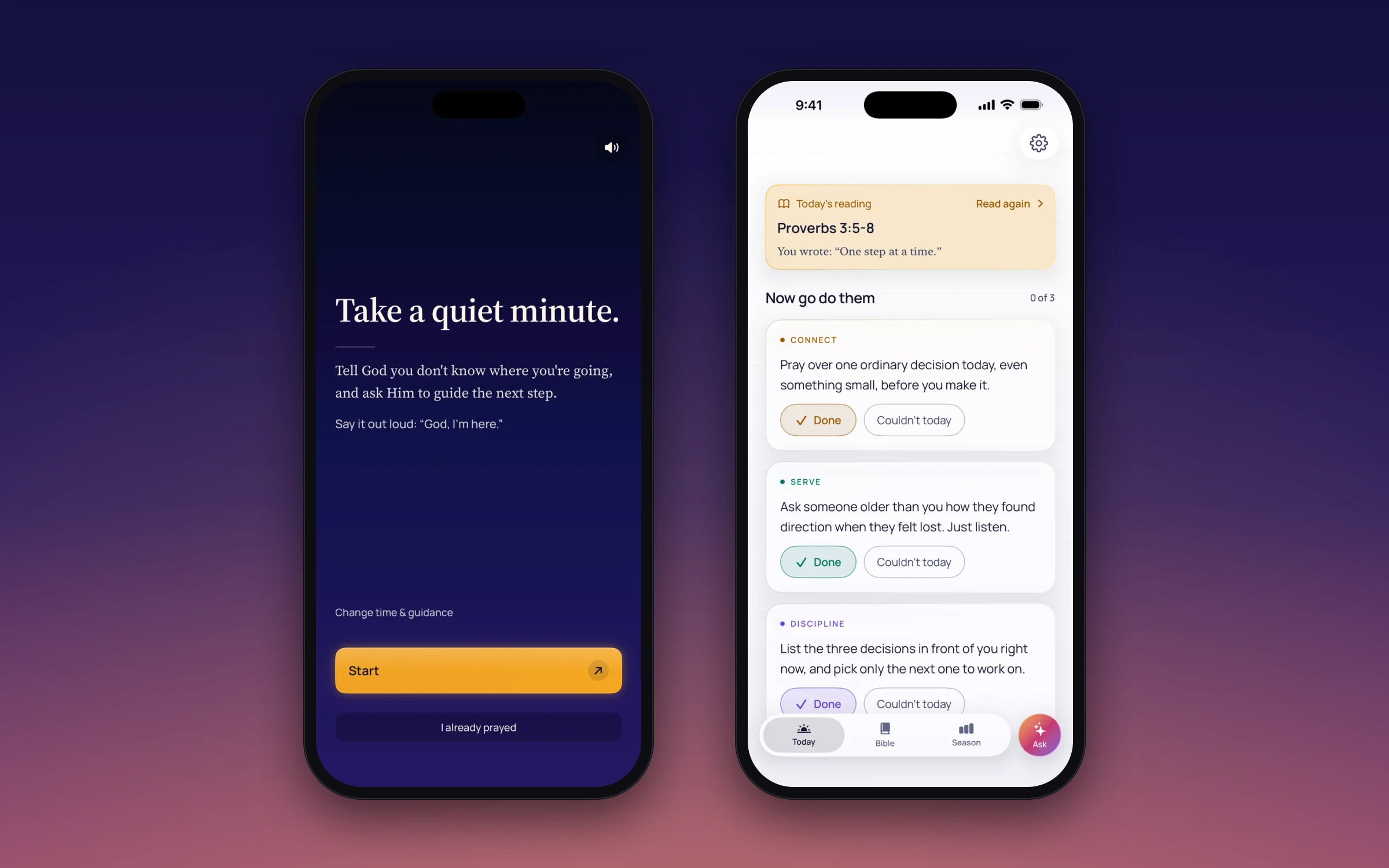 Dos pantallas de iPhone: una invitación a tomar un minuto en silencio, y las tres acciones con las opciones Hecho y Hoy no pude