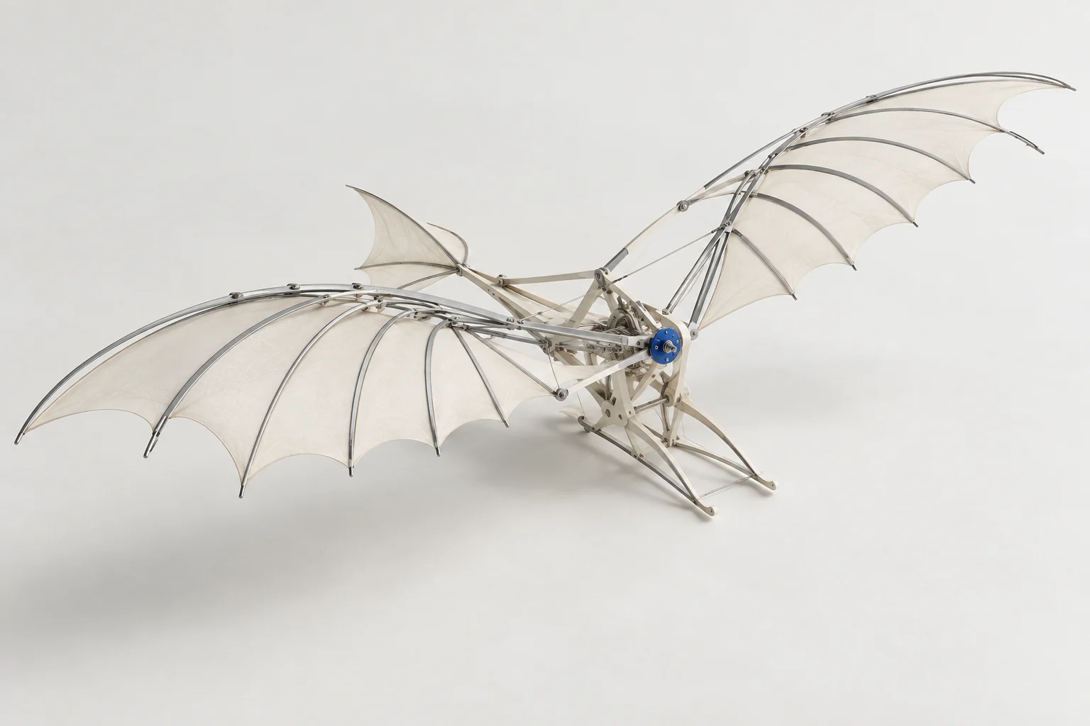 Leonardo-inspired flying machine with ivory wings and an aluminum frame