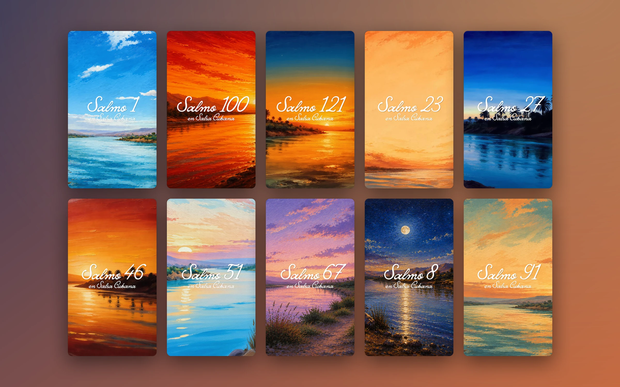 Ten short covers for different Psalms over painted skies and water