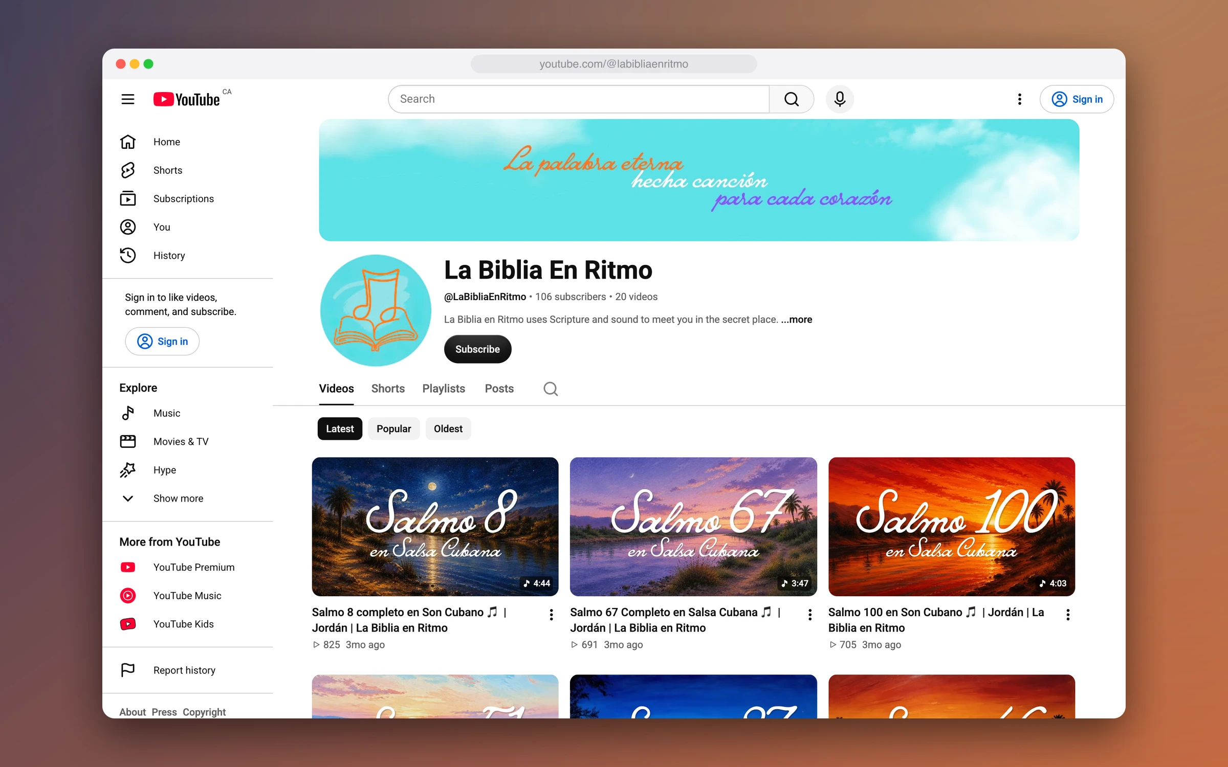The La Biblia en Ritmo YouTube channel with Psalm videos