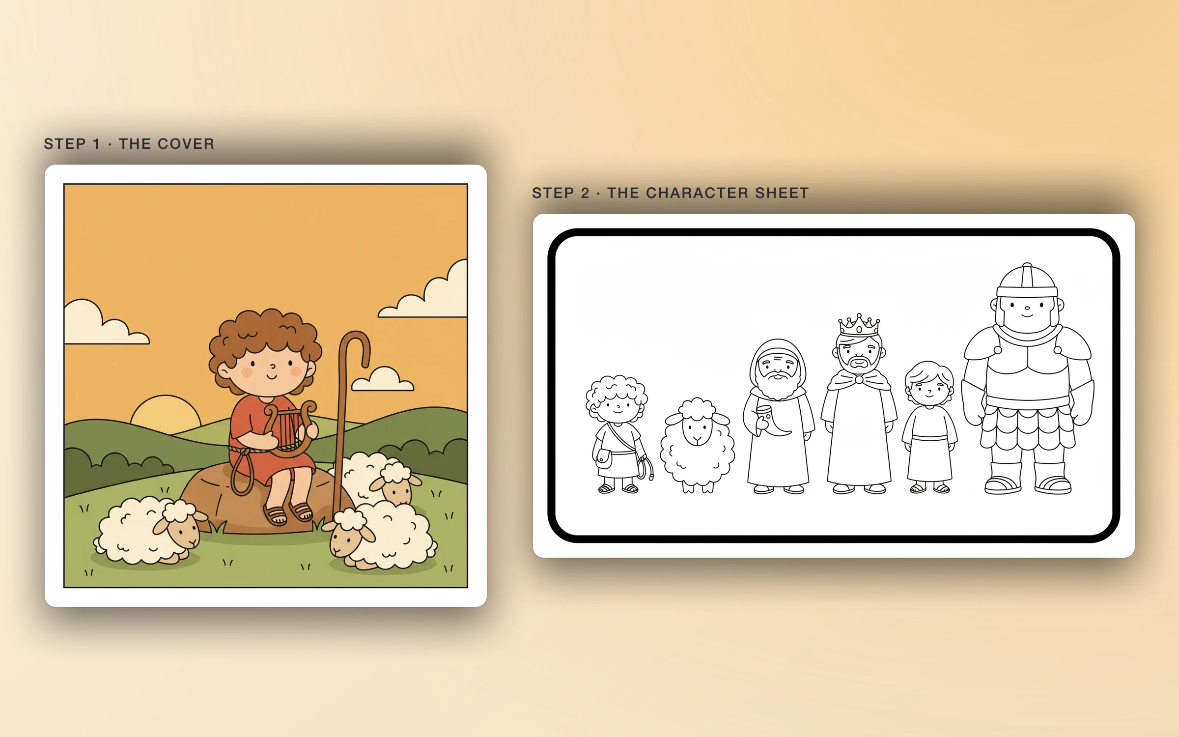 The David cover art next to its black-line character sheet