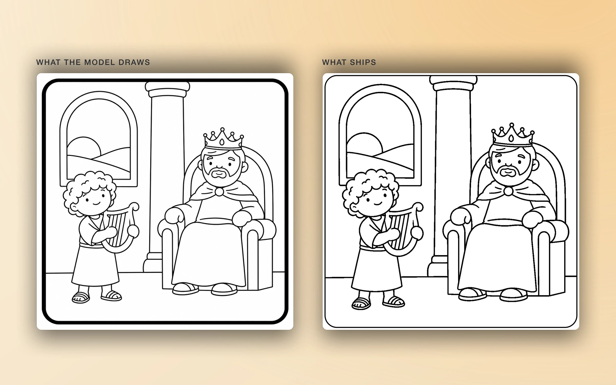 The same coloring page as the model drew it, with a heavy uneven frame, and as it ships, with a clean frame and print margins