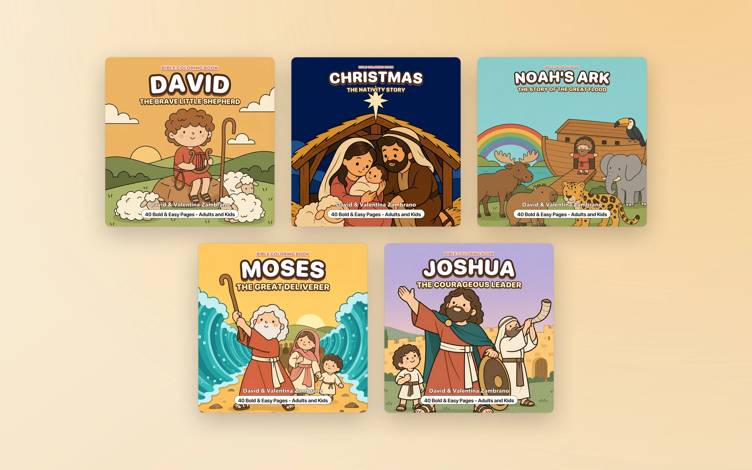 The five covers: David, Christmas, Noah's Ark, Moses and Joshua
