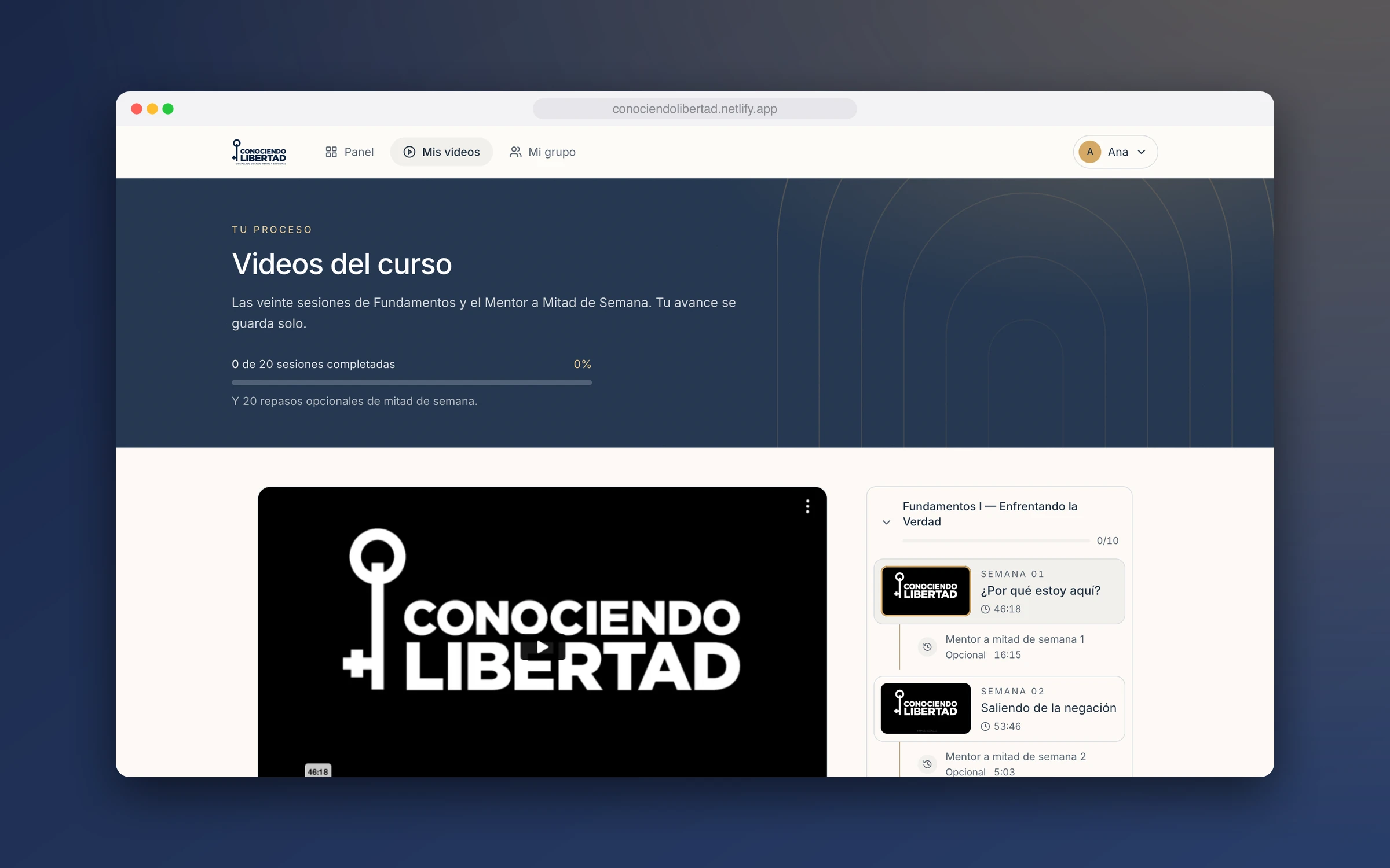 The video library with a course progress bar and a session list