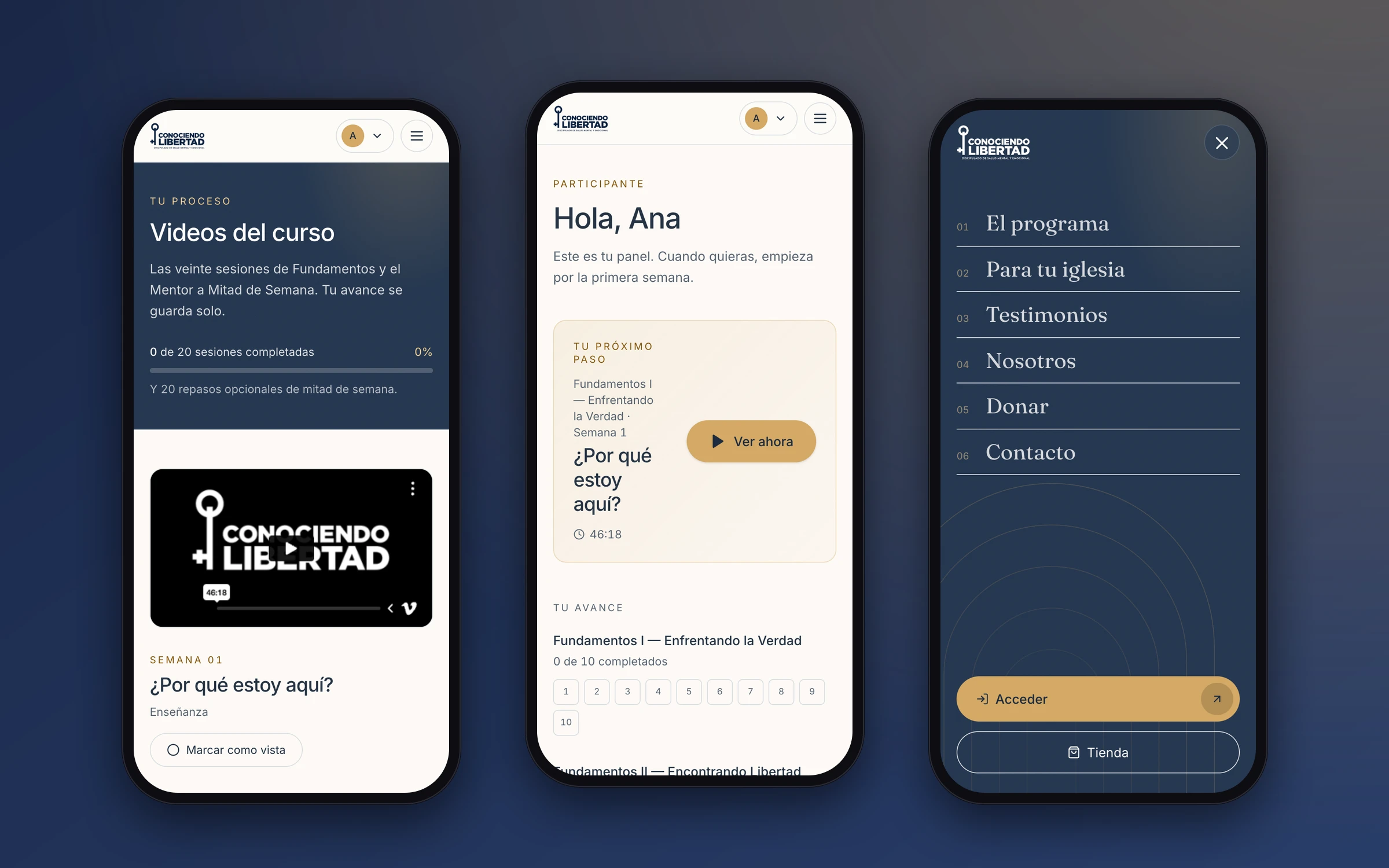 Three phones: the video library, the dashboard and the open navigation menu