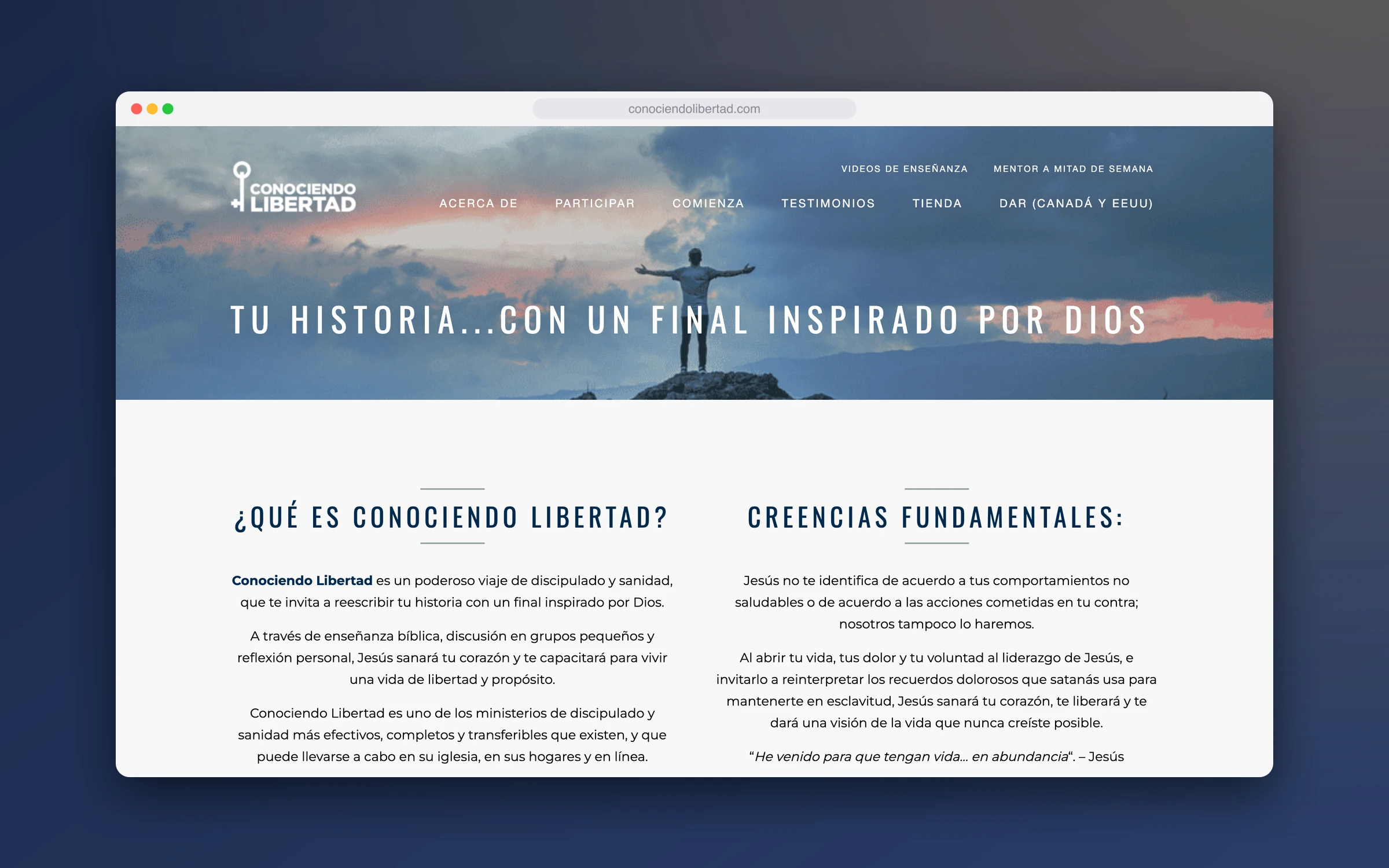 The previous Conociendo Libertad website, with an uppercase headline over a photo of a man on a mountain and a six-item menu