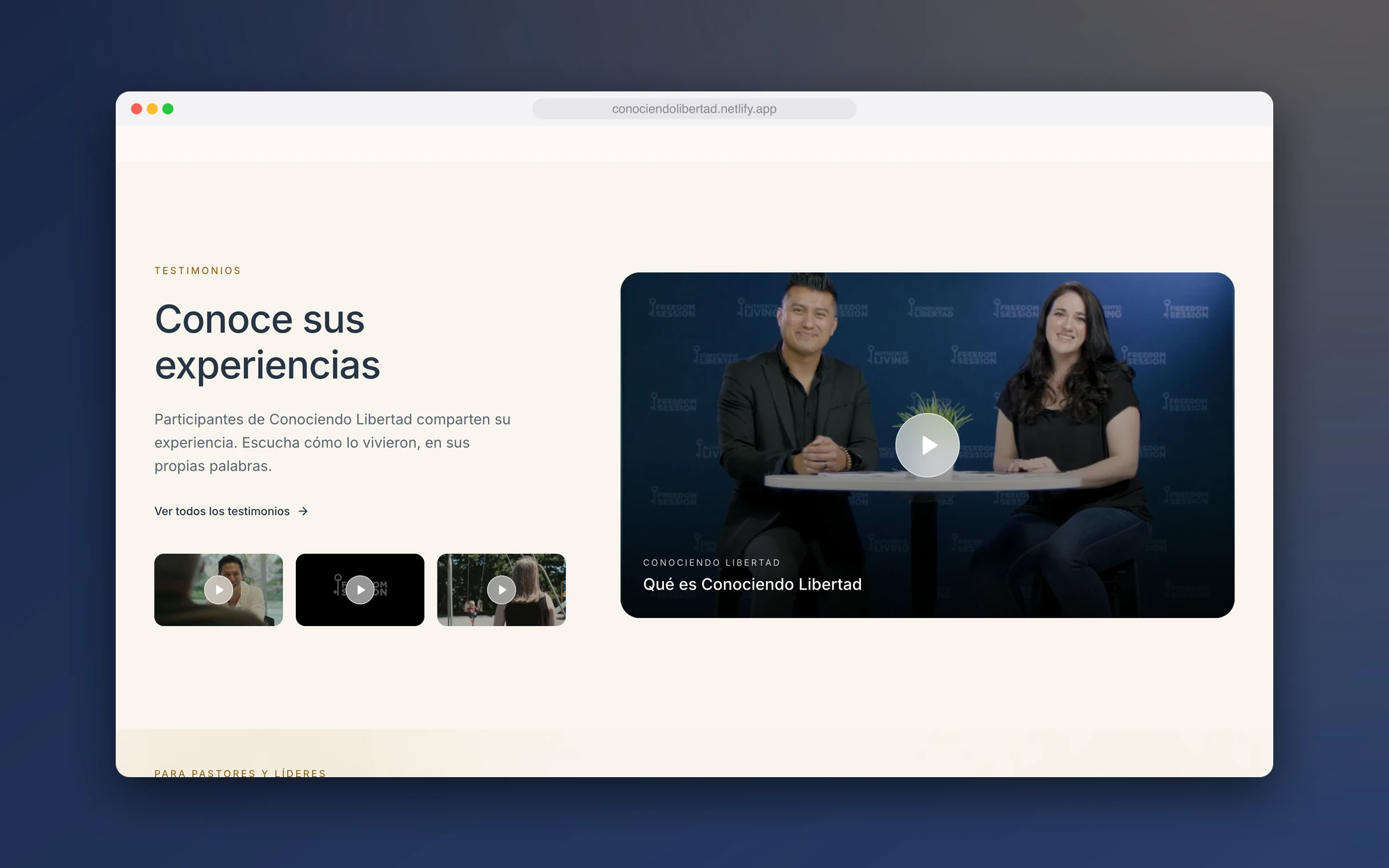 The testimonials section with a featured video of the two program hosts
