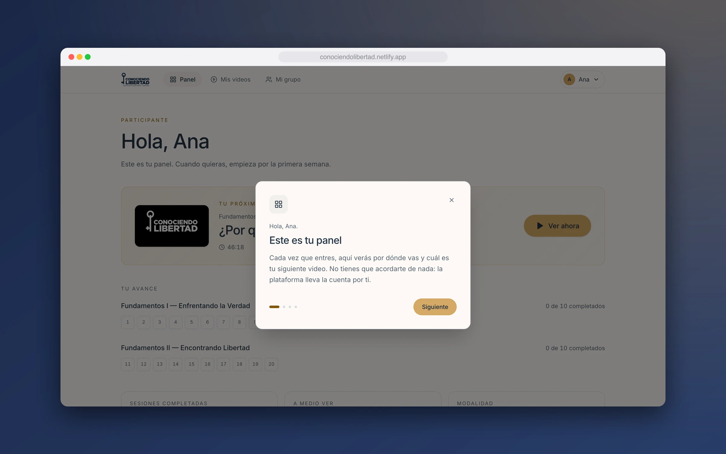 The participant dashboard with a welcome tour open