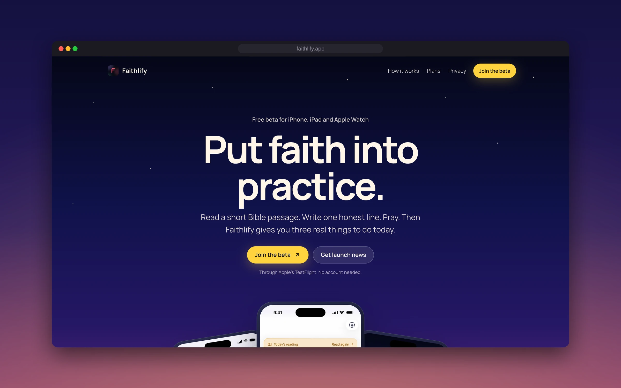 La página de inicio de faithlify.app: "Put faith into practice." sobre un degradado de la noche al amanecer