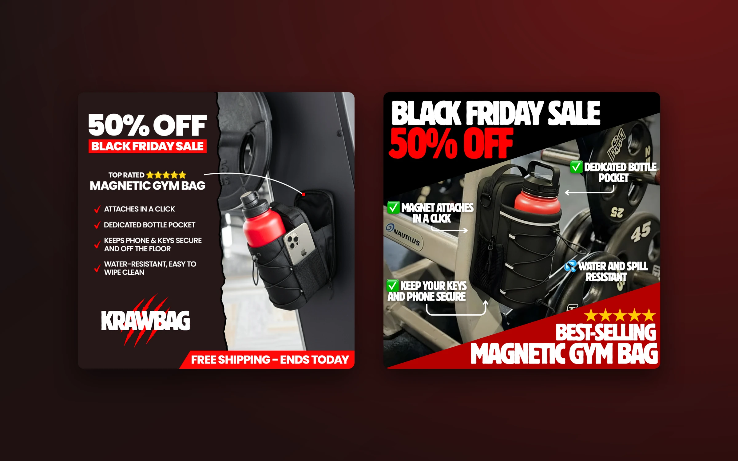 Two Black Friday creatives: 50% off the magnetic gym bag