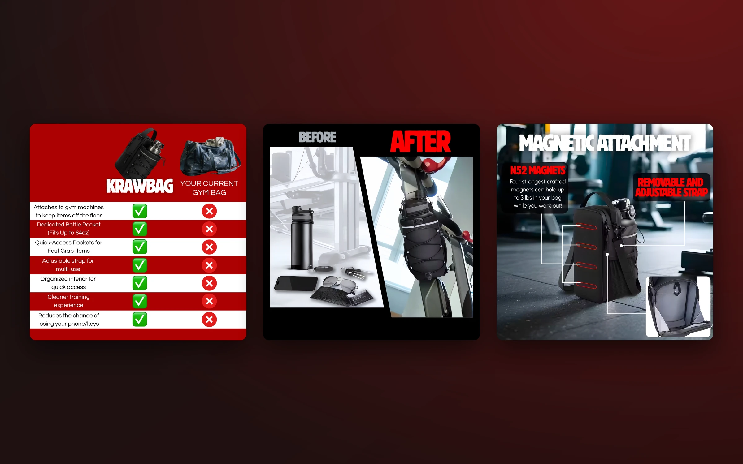 Three creatives: a comparison table, a before-and-after, and the magnetic attachment