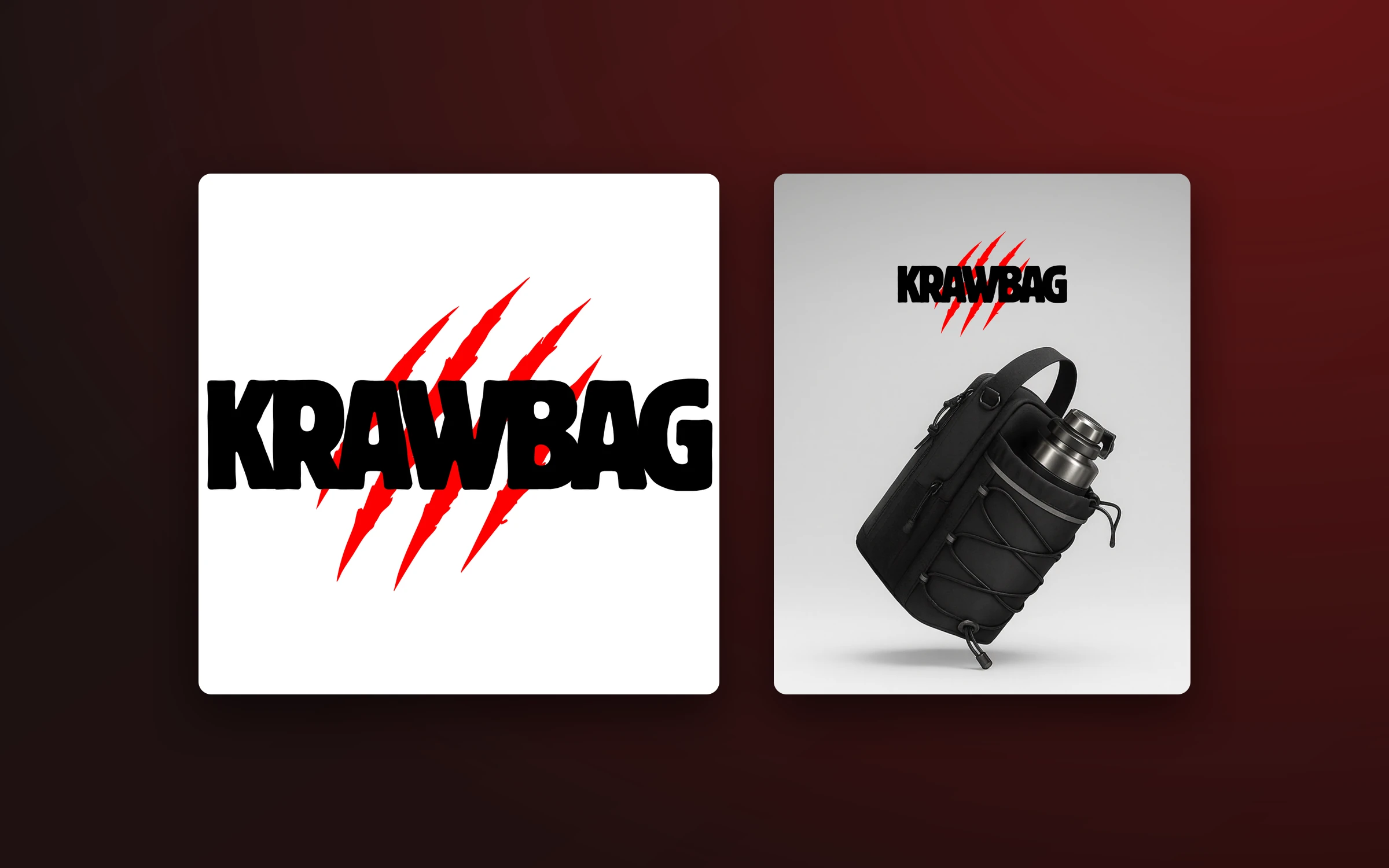 The KRAWBAG wordmark with red claw marks next to a black brand post