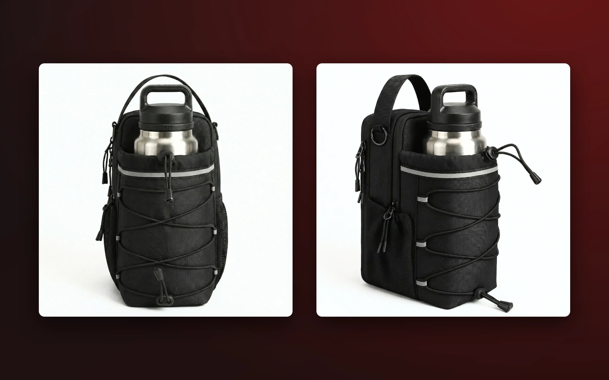 The KRAWBAG gym bag from the front and the side, with a bottle in its pocket