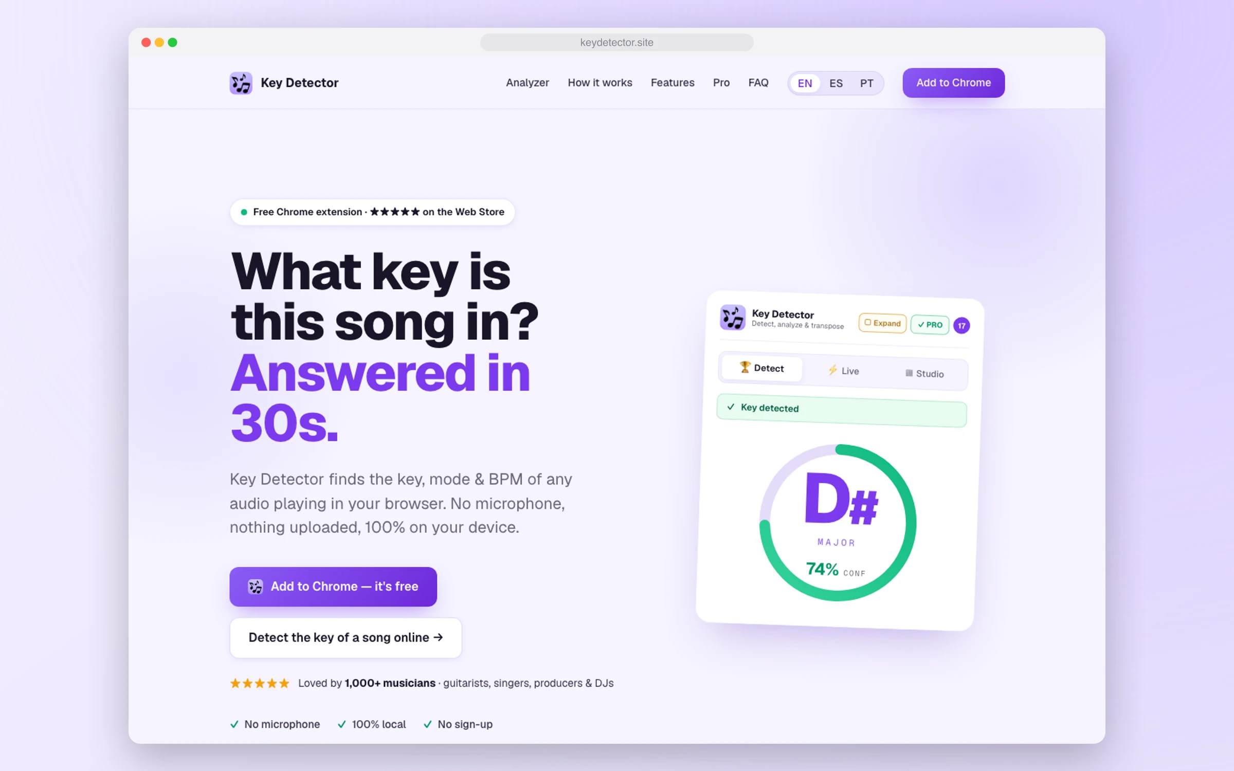 The KeyDetector landing page before, with "What key is this song in? Answered in 30s"