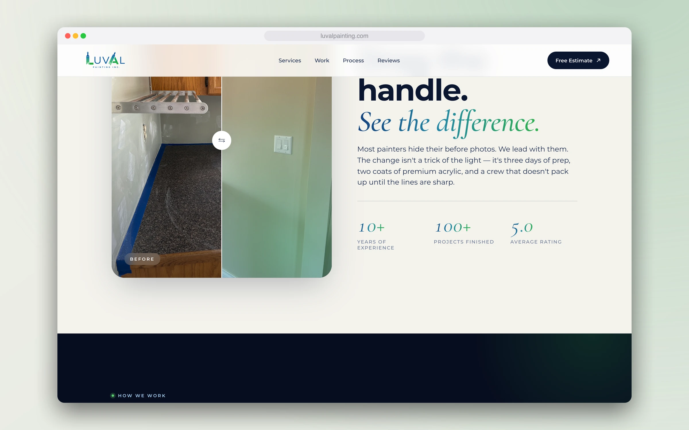 A before-and-after slider over a repainted room