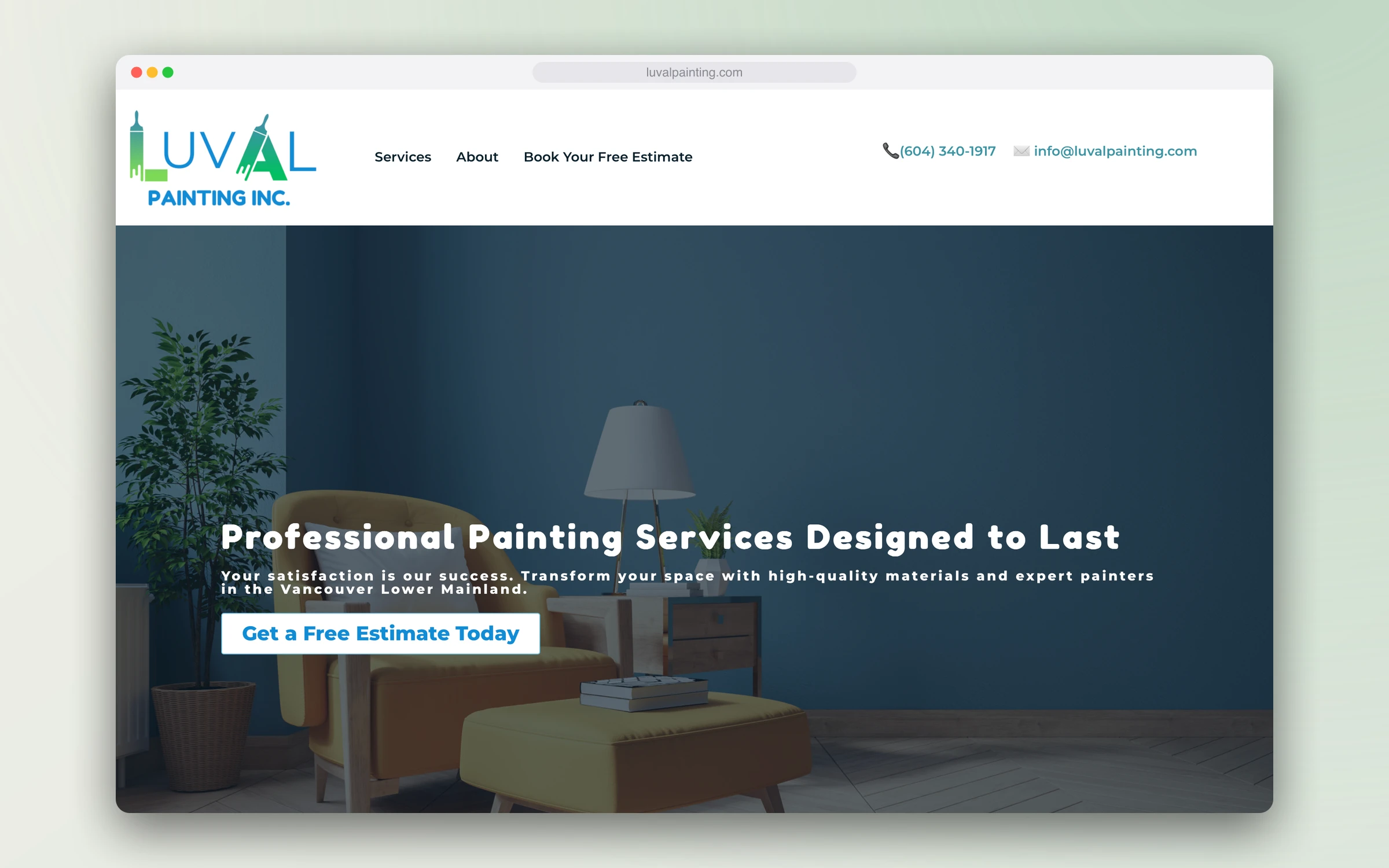 The old LUVAL home page with "Professional Painting Services Designed to Last" over a stock living room photo