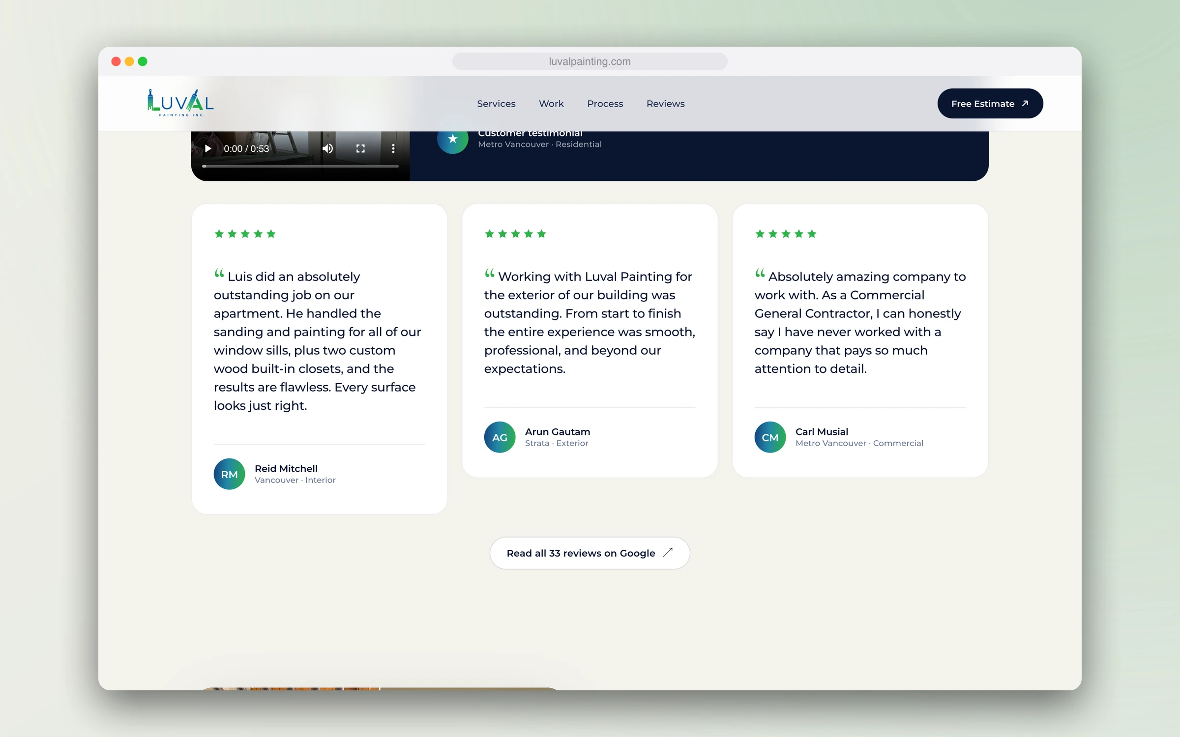 Three Google reviews with five stars and a link to all 33 reviews