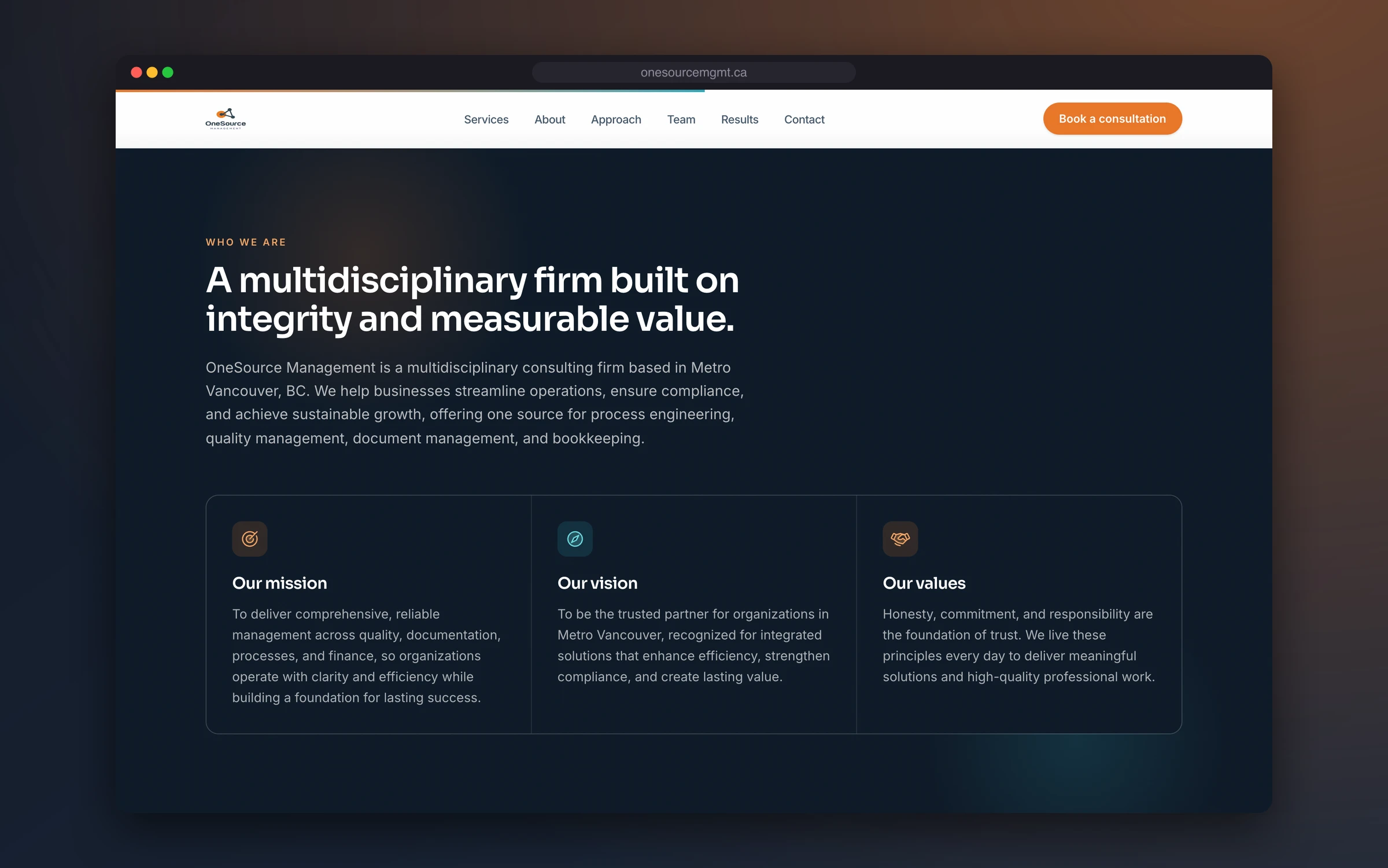 The new about section: "A multidisciplinary firm built on integrity and measurable value."