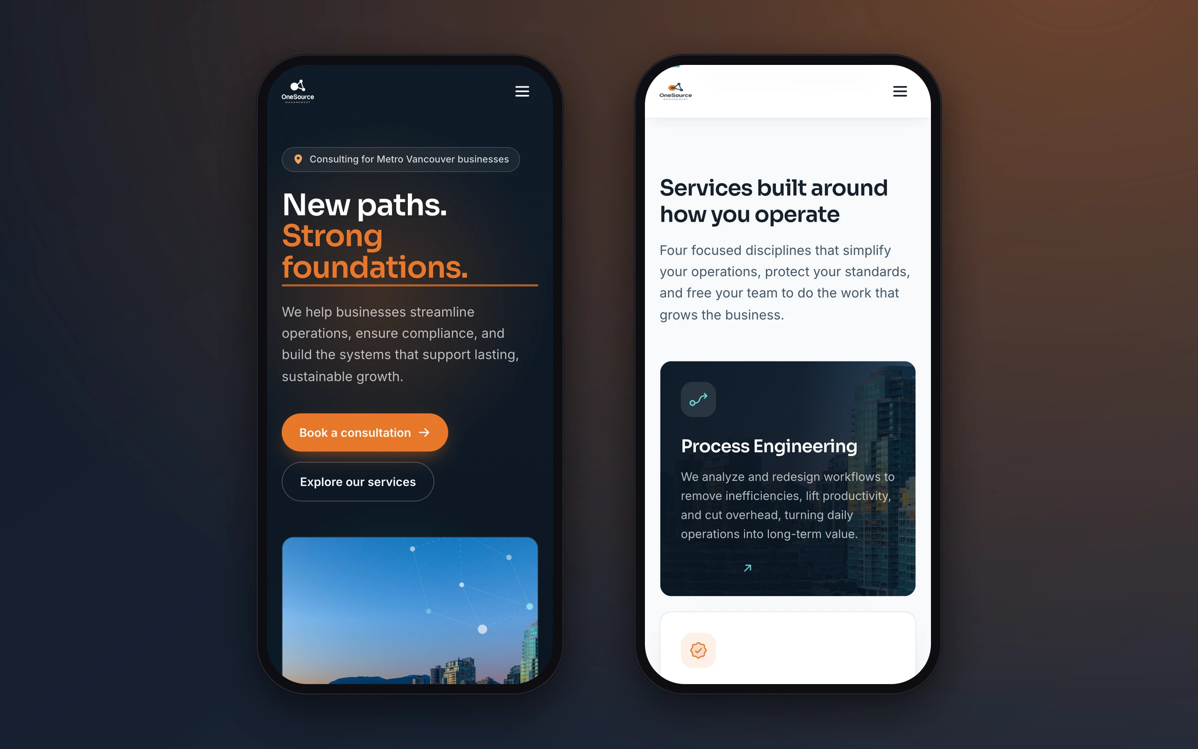 The OneSource site on two phones: the home page and the services