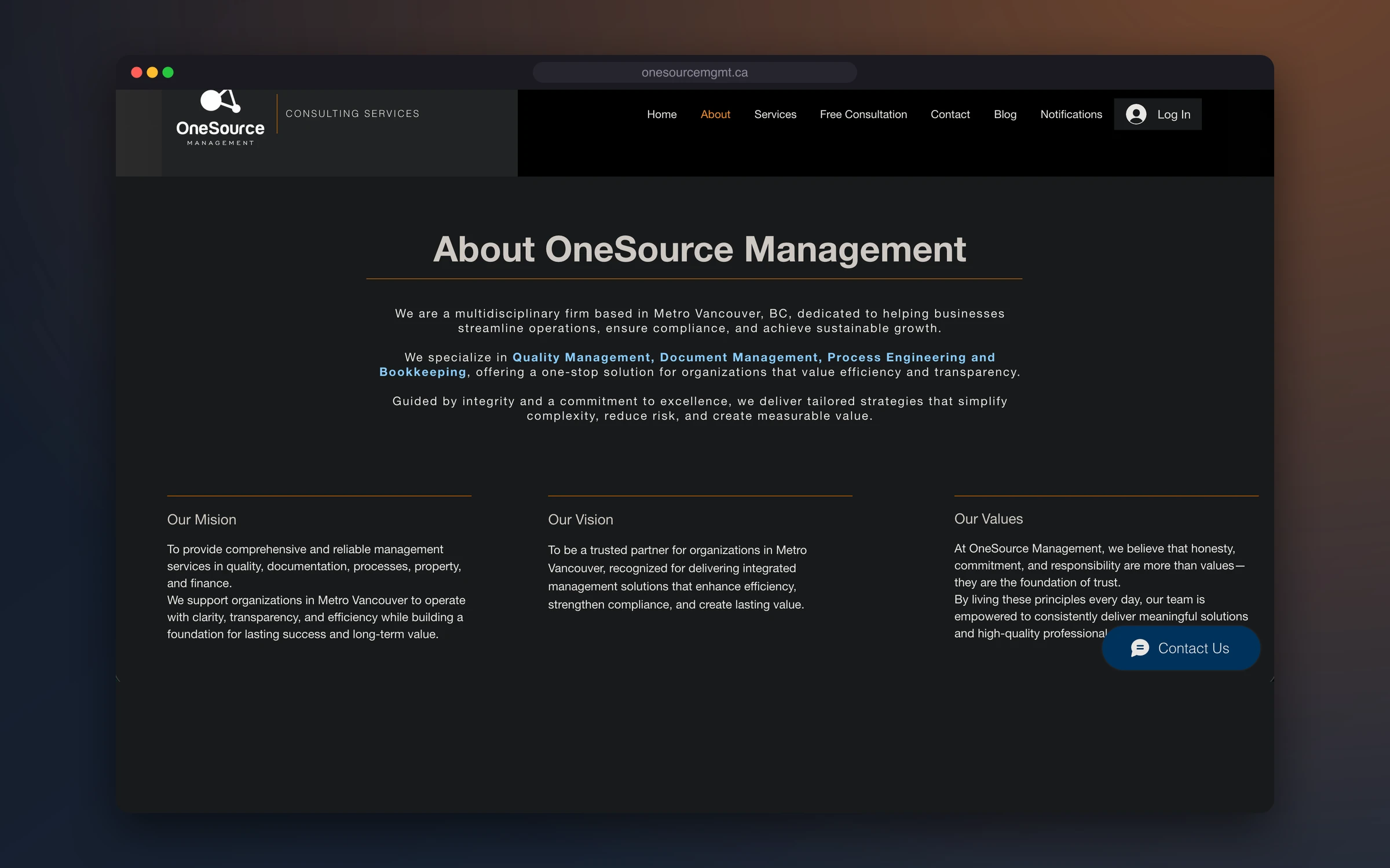 The old OneSource about page with mission, vision and values in three columns