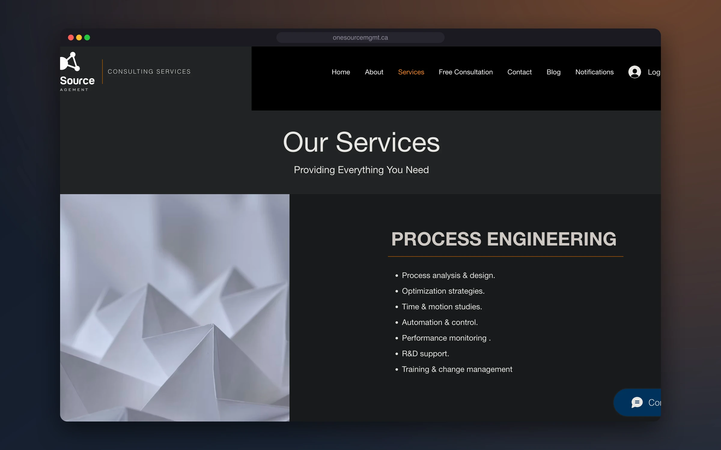 The old OneSource services page, dark, with a bullet list under "Process Engineering"