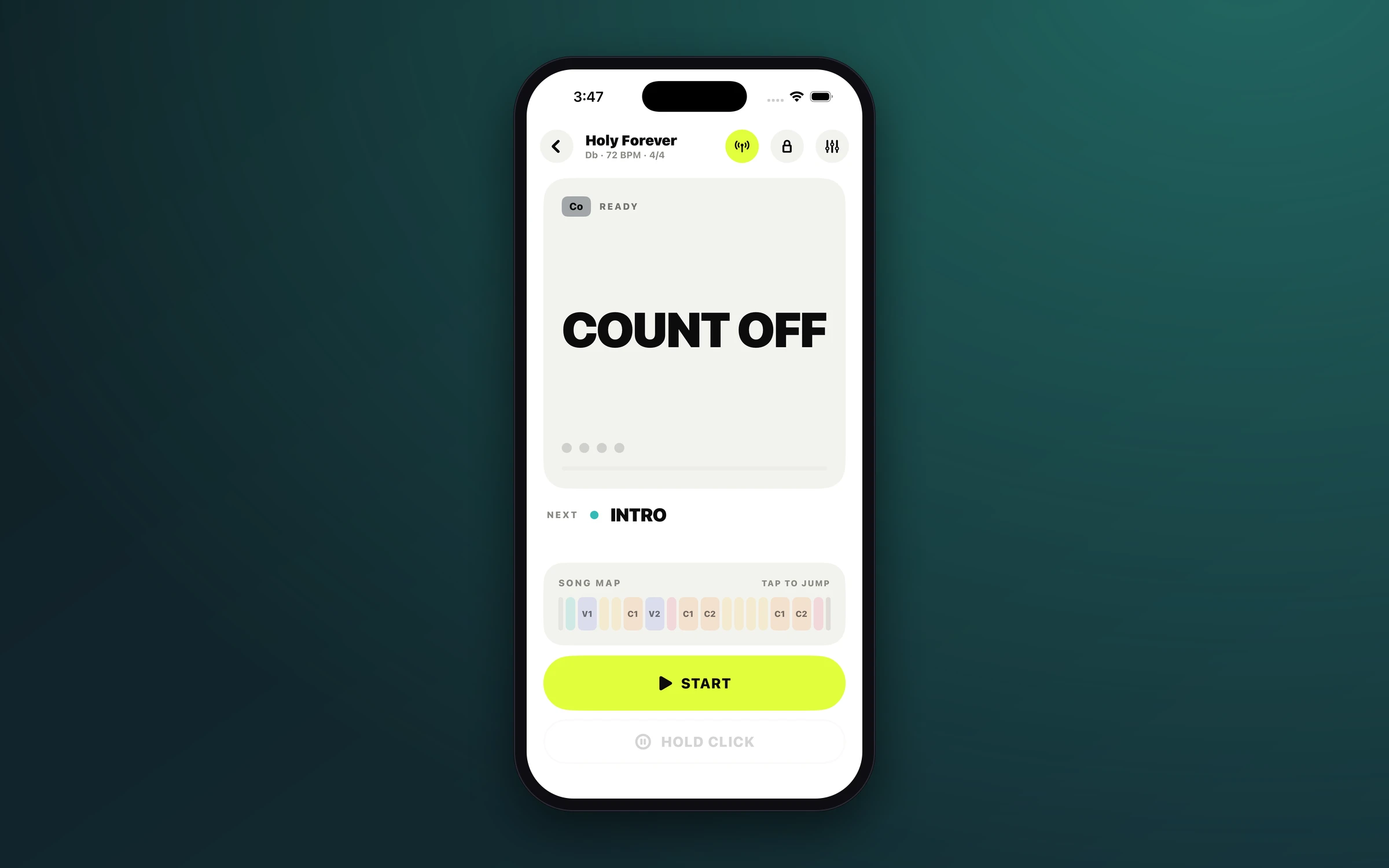 The live screen counting off a song with a colour-coded song map