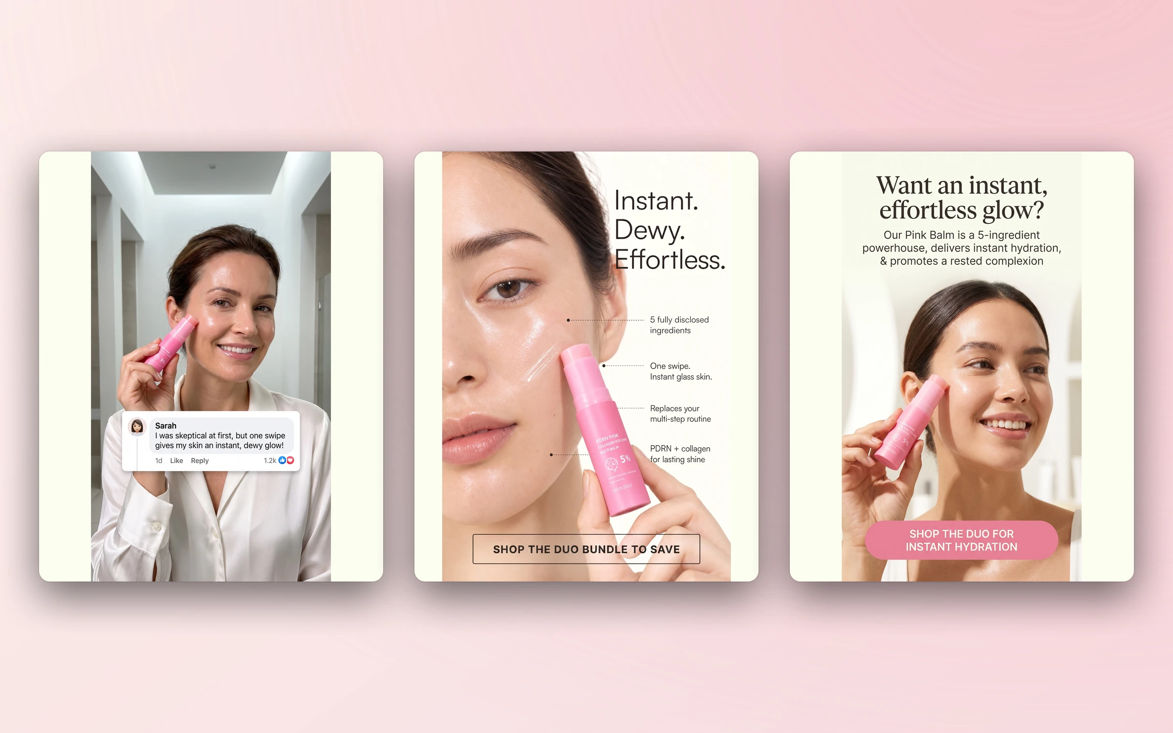 Three Volée campaign creatives in 4:5 showing the pink balm on real skin