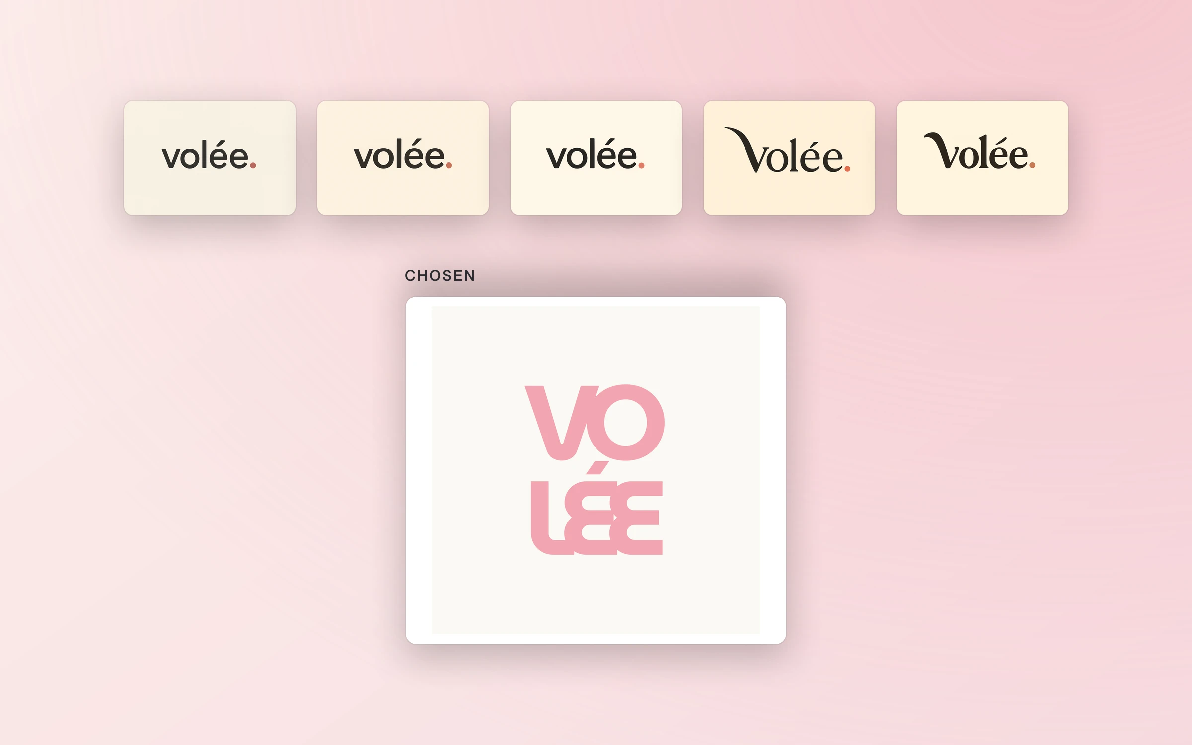 Five explored Volée wordmarks above the chosen stacked VO LÉE logo