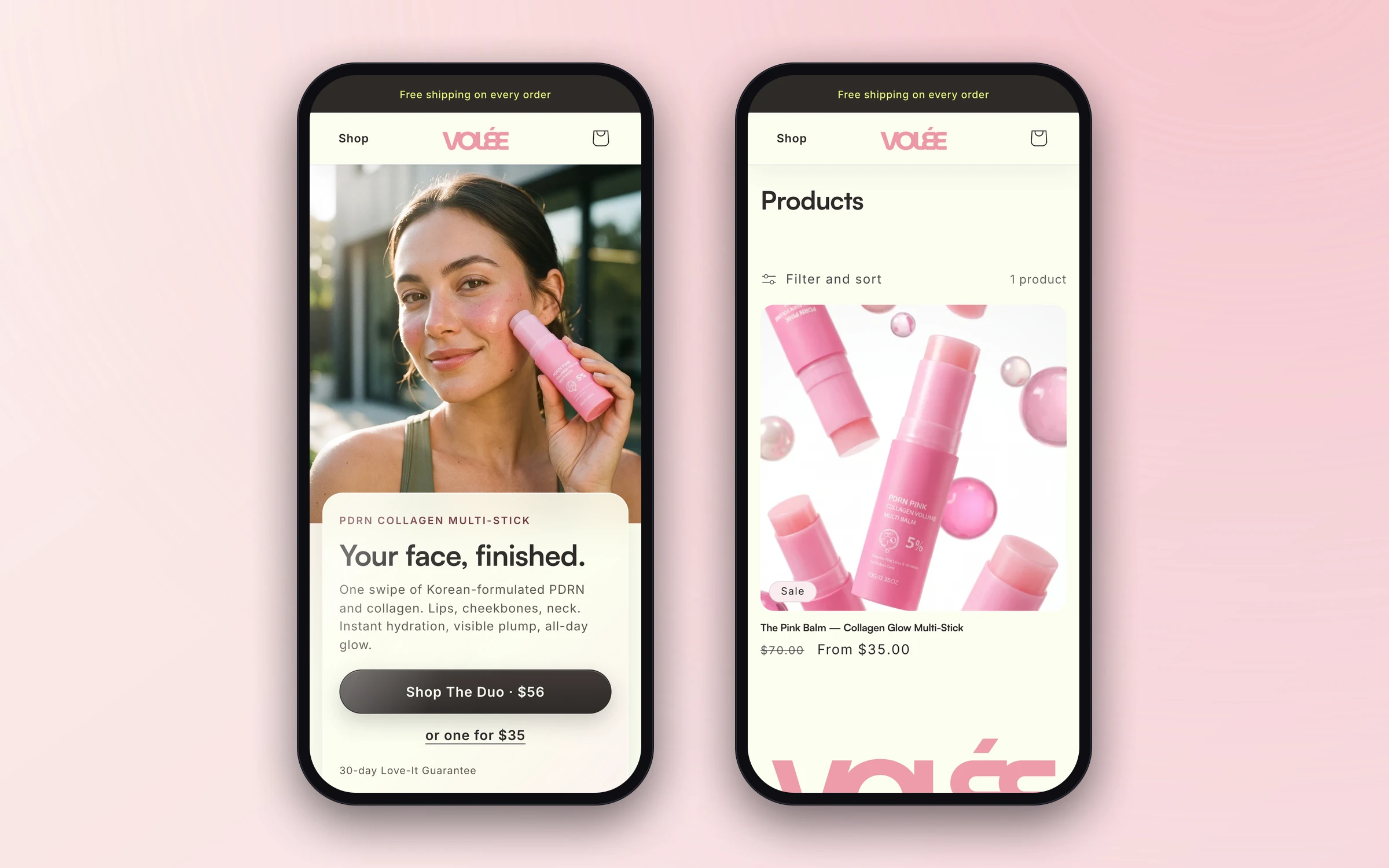 The Volée store on two phones: the home page and the product collection