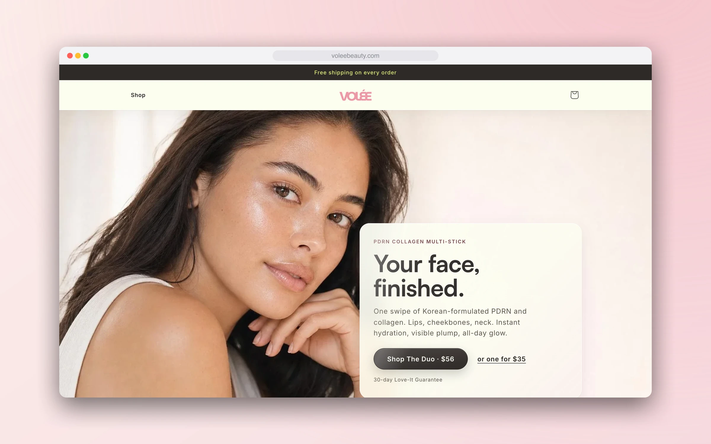 The Volée storefront home page with "Your face, finished." beside a close-up portrait