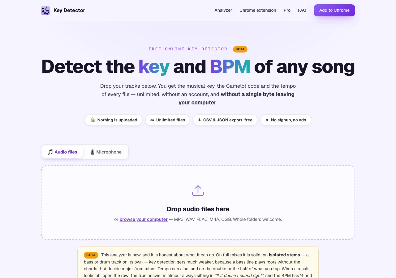 The free KeyDetector web analyzer with audio-file and microphone modes and a drop zone for tracks