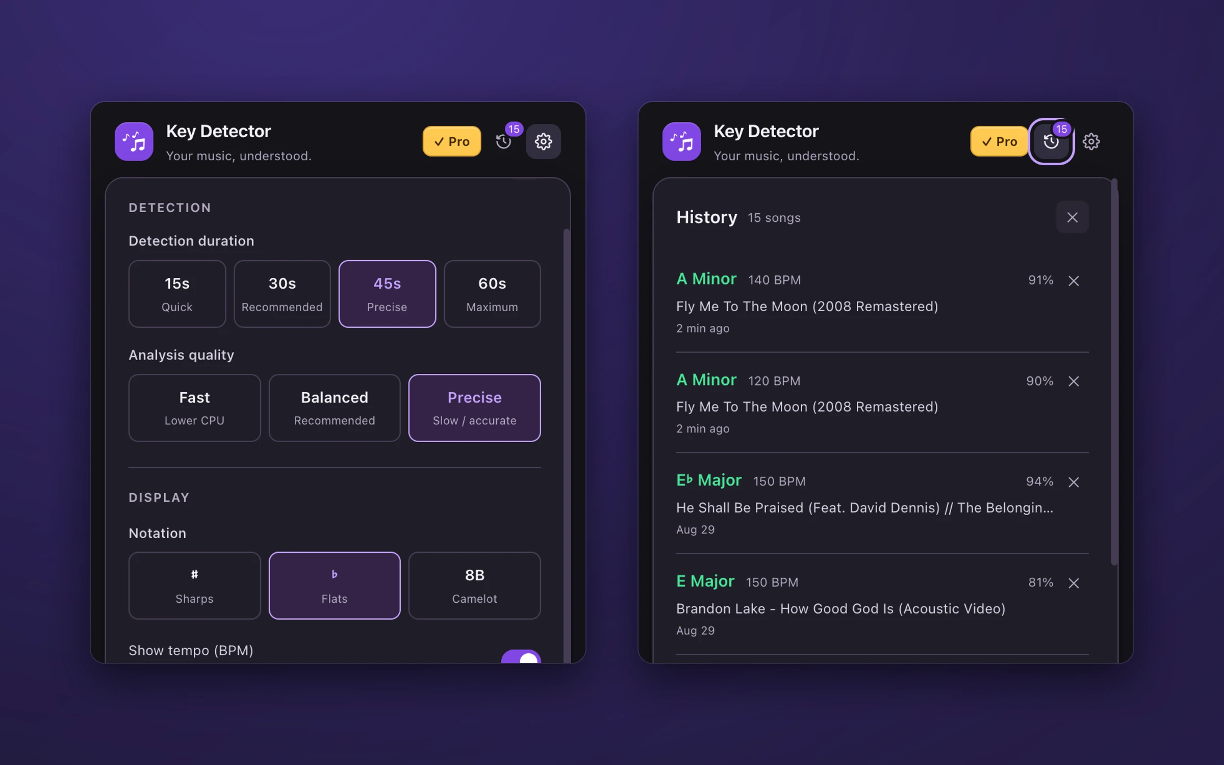The settings panel in dark mode and the history of analysed songs